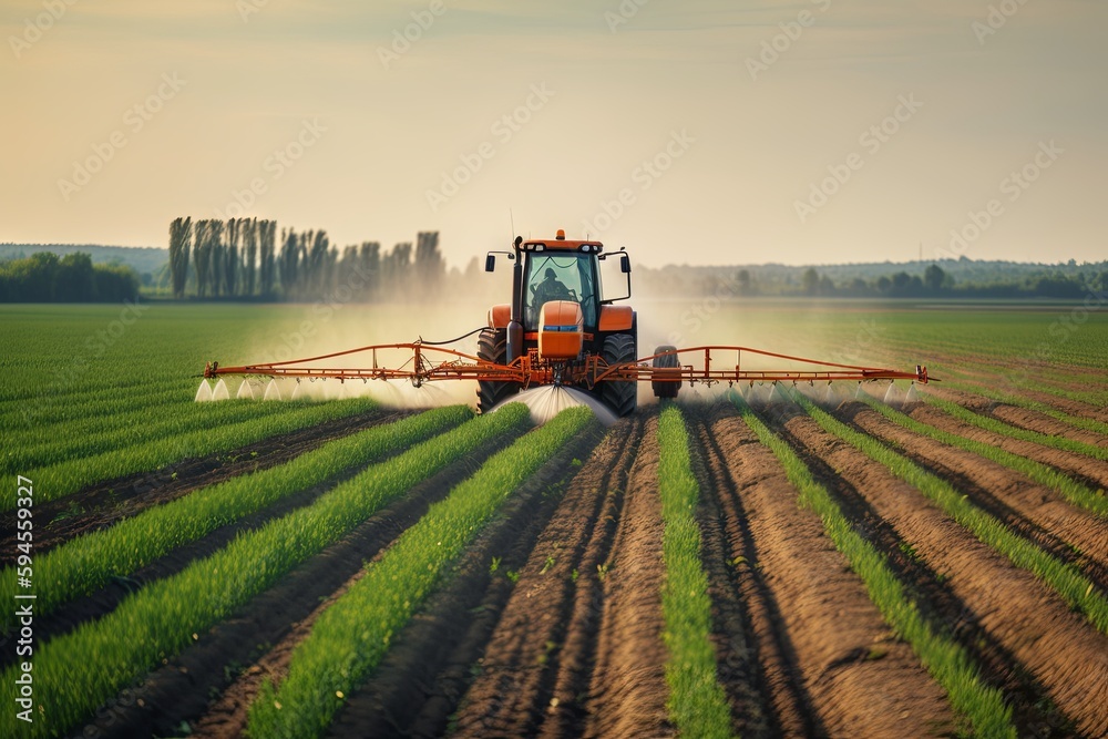 A plantation field with Glyphosate irrigation, chemical products in agriculture. Pesticides on plantantion field at sunset. Generative AI Technology. A plantation field with Glyphosate irrigation, chemical products in agriculture. Pesticides on plantantion field at sunset. Generative AI Technology.