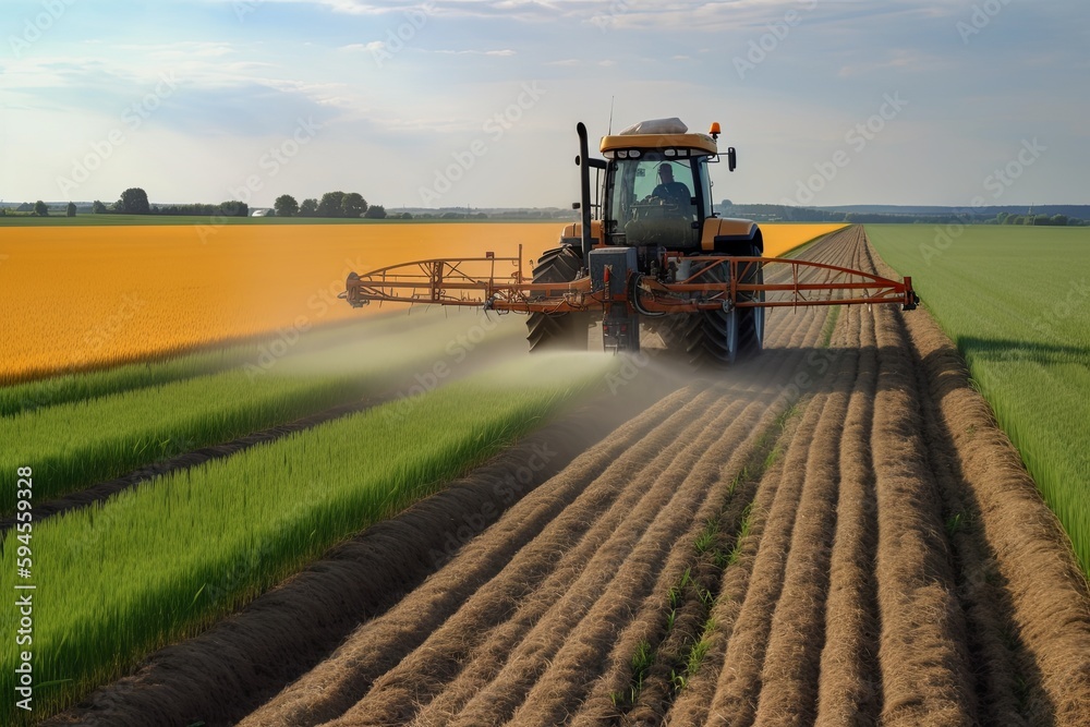 Fototapeta premium A plantation field with Glyphosate irrigation, chemical products in agriculture. Pesticides on plantantion field at sunset. Generative AI Technology.