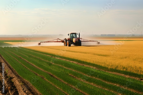 A plantation field with Glyphosate irrigation, chemical products in agriculture. Pesticides on plantantion field at sunset. Generative AI Technology.