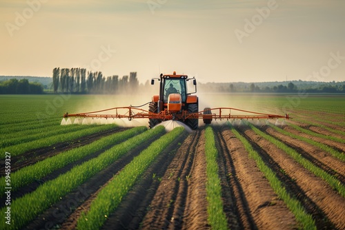 A plantation field with Glyphosate irrigation, chemical products in agriculture. Pesticides on plantantion field at sunset. Generative AI Technology. photo