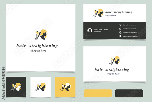 Hair straightening logo design with editable slogan. Branding book and business card template.