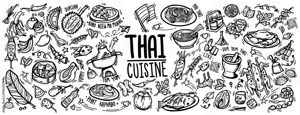 cute doodle cartoon regional tasty Thai foods popular menu , desserts ,fruit and ingredients. vector outline hand drawn for Thai street foods isolated on white background. drawing style