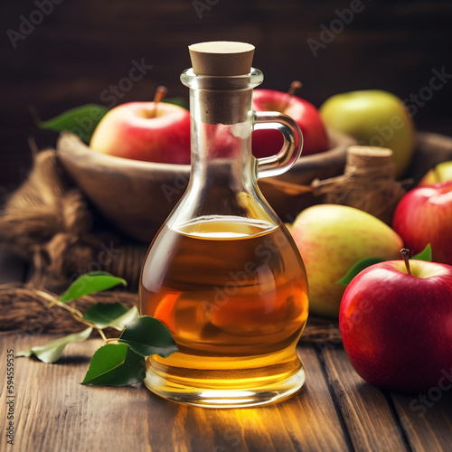Bottle apple cider vinegar and fresh apples in wooden backgrounds. Ai generative. illustration