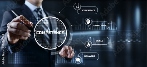 Competence skills business and personal development concept. Businessman pressing button on screen.