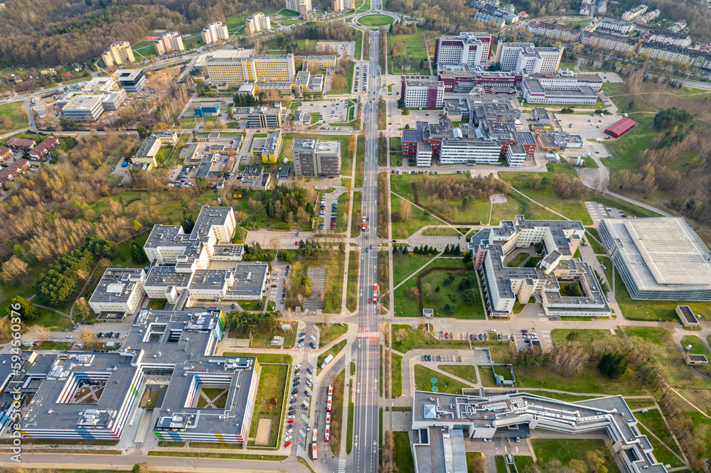 Aerial beautiful spring day view of Vilnius Santaros (Santariskes) hospital, Lithuania