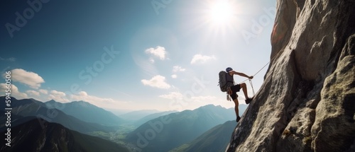 Climber climbs the mountain, beautiful landscape, active lifestyle concept. Generative AI