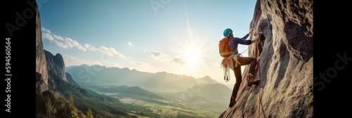 Climber climbs the mountain, beautiful landscape, active lifestyle concept. Generative AI © BraveSpirit