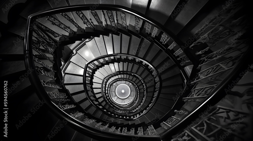 Fototapeta premium A striking black and white image of a spiral staircase, captured from above, with the intricate patterns and geometric shapes of the stairs drawing the eye towards the center