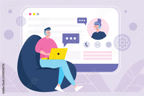 Call center violet concept with people scene in the flat cartoon style. Call center employees communicate via video chat and discuss how to help customers. Vector illustration.