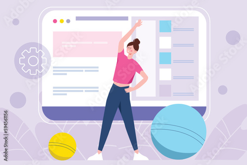 Violet concept fitness gum with people scene in the flat cartoon design. Girl performs various physical exercises at home while watching a video. Vector illustration.