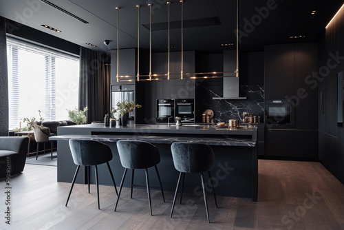 An ultra modern spacious apartment with a trendy luxury kitchen, Generative AI