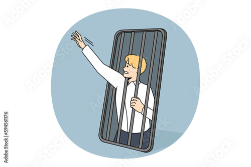 Phone and technologies addiction concept. Young stressed businessman trying to get freedom from smartphone cell feeling slave vector illustration
