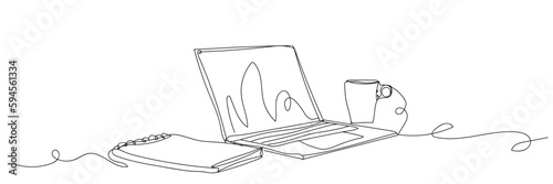 Modern laptop with notebook and cup on white background