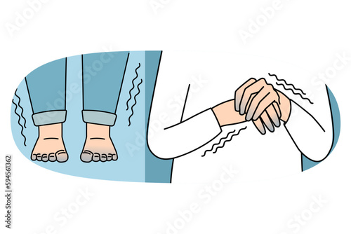 Sensitivity to cold and shaking concept. Human hands fingers and legs feet shaking from cold and having blue color sensitive to weather vector illustration
