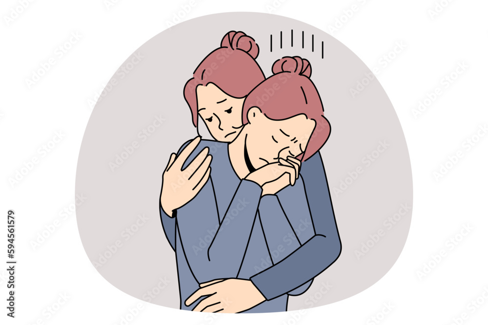 Helping hand and support concept. Sister or friend embracing sad depressed tine sad girl having heavy thoughts feeling sad and disappointed vector illustration Helping hand and support concept. Sister or friend embracing sad depressed tine sad girl having heavy thoughts feeling sad and disappointed vector illustration