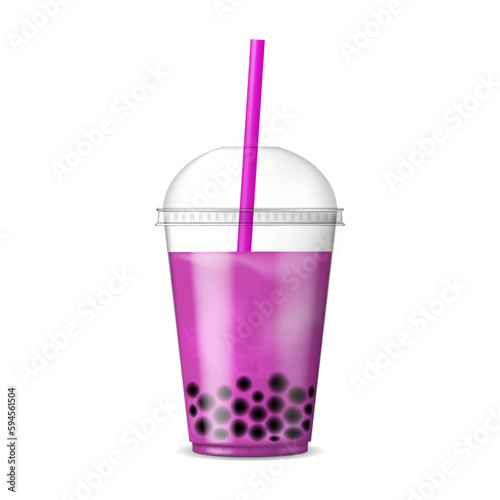 Bubble Tea. Asian drink with tapioca jelly balls. Fruit tea with tapioca pearls. Bob tea. Realistic vector illustration isolated on white background.