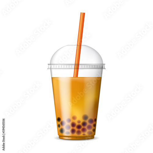 Bubble Tea. Asian drink with tapioca jelly balls. Fruit tea with tapioca pearls. Bob tea. Realistic vector illustration isolated on white background.