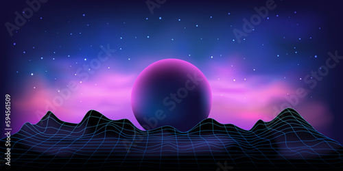 Futuristic retro landscape in 80s style. Polygon map of the area. Cyberspace. Abstract digital neon background. Digital vector illustration. Retro. Space sky and planet surface.