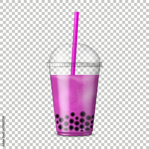 Bubble Tea. Asian drink with tapioca jelly balls. Fruit tea with tapioca pearls. Bob tea. Realistic vector illustration.