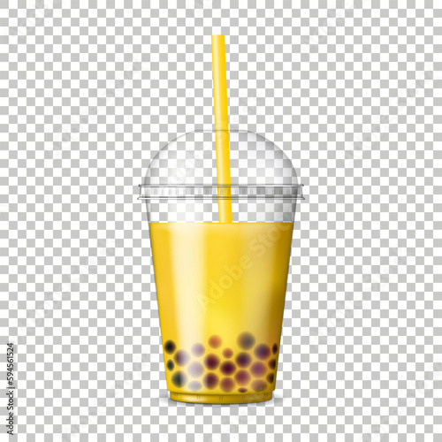 Bubble Tea. Asian drink with tapioca jelly balls. Fruit tea with tapioca pearls. Bob tea. Realistic vector illustration.