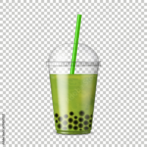 Bubble Tea. Asian drink with tapioca jelly balls. Fruit tea with tapioca pearls. Bob tea. Realistic vector illustration.