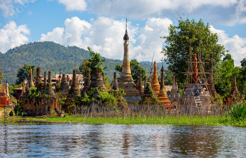 Scenic view of colorufl pagodas in Indein village Pagoda at Inle Lake, Myanmar. (Burma) photo