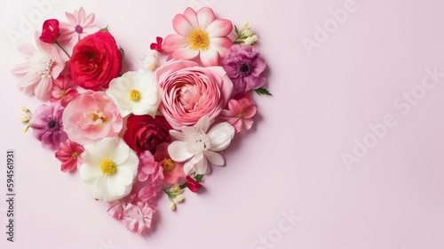 Top view arrangement of colorful flowers with heart shape placed on pink background