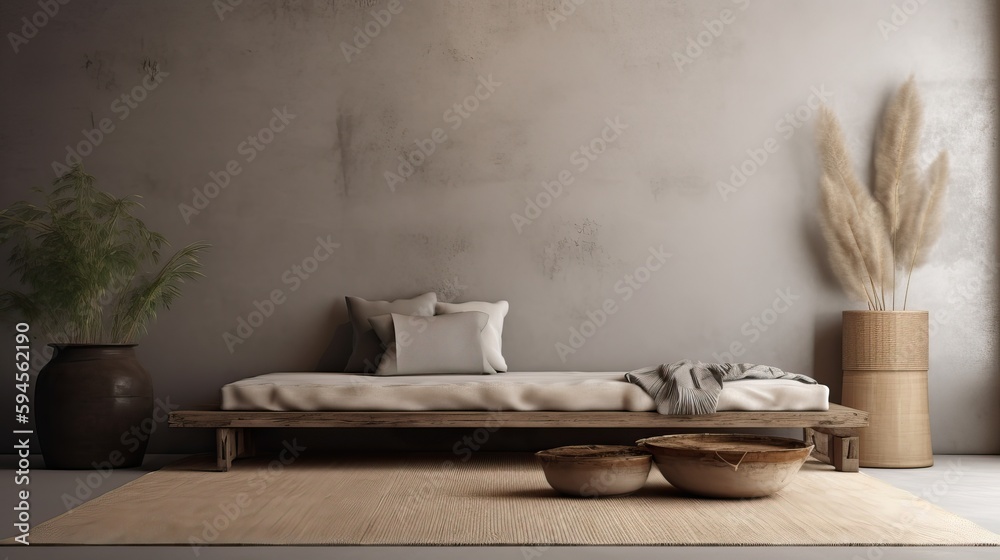 Warm neutral wabi sabi style interior mockup with low sofa, jute rug, ceramic jug, side table and dried grass decoration on empty concrete wall background. 3d rendering
