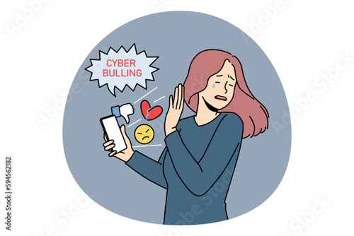 Cyber bullying and online crime concept. Stressed crying girl standing and trying not to look at smartphone with dislikes and negative information vector illustration