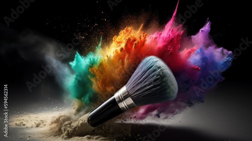 Big soft makeup brush that emits a burst of colorful dust, makeup or cosmetics concept. Generative AI
