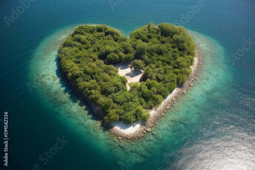 Aerial view of heart shaped island in the ocean, Generative AI 