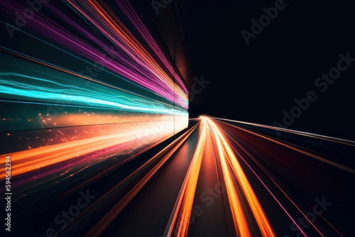 High speed light trail of cars. Motion Blur City. generative AI.
