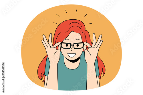 Eyewear and choosing eyeglasses concept. Smiling red haired girl trying on and choosing elegant eyeglasses in optic over orange background vector illustration