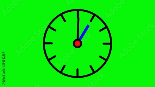Clock Counts Down 60 seconds. Clock with blue arrows. moving clock on green screen background. clock moving black circle. Clock time lapse UHD 4K animation. top view