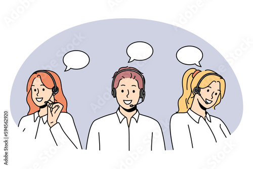 Customer service and call center concept. Group of young people workers in headsets communicating with clients trying to solve problems vector illustration