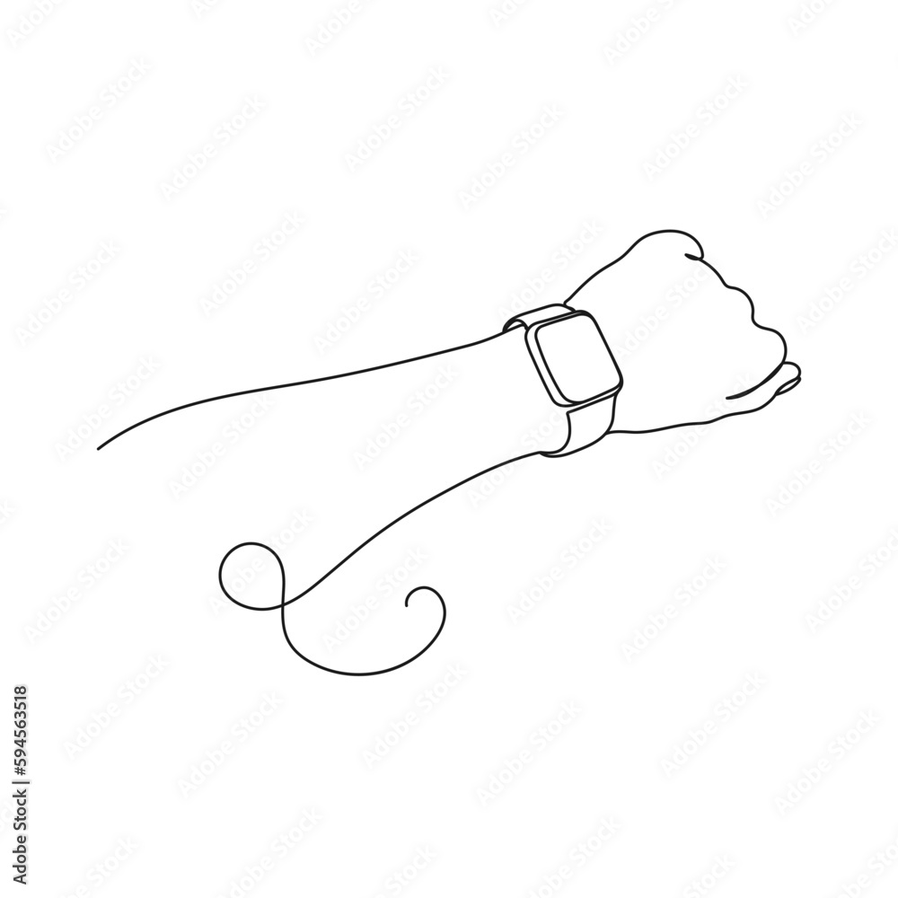 Obraz premium Person's hand indicates a wrist watch. One line art. Smart watch on wrist. Hand drawn vector illustration.