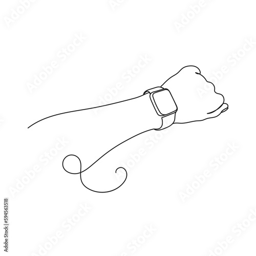 Person's hand indicates a wrist watch. One line art. Smart watch on wrist. Hand drawn vector illustration.