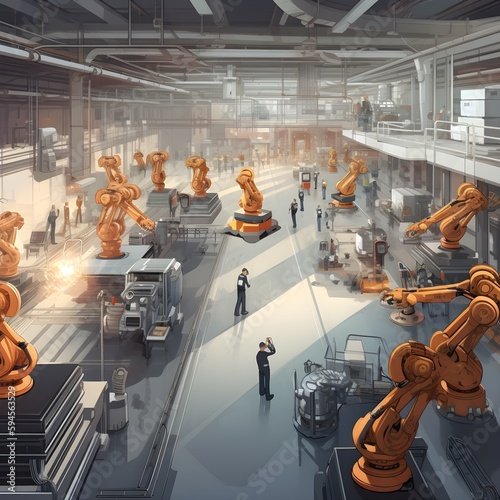 Illustrated factory were humans and robots work together. Factory of the future. © PSCL RDL