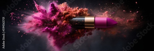 Lipstick that emits a burst of colorful dust, makeup or cosmetics concept. Generative AI