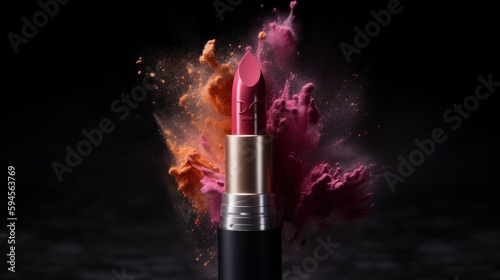 Lipstick that emits a burst of colorful dust, makeup or cosmetics concept. Generative AI