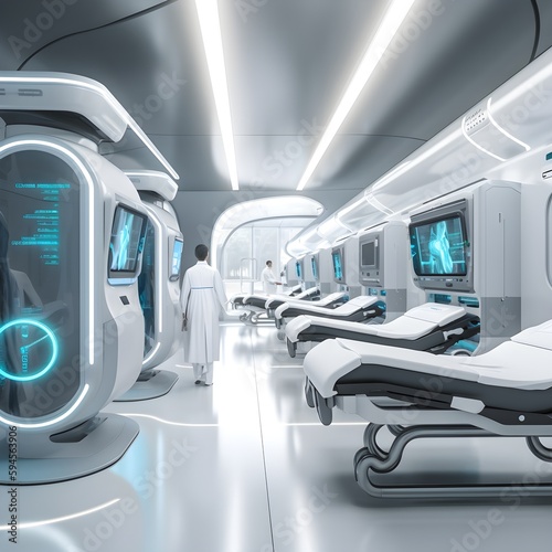 a futurist medical hospital with artificial intelligence, in the style of futuristic spacecraft design, dark white and light gray. Generative AI