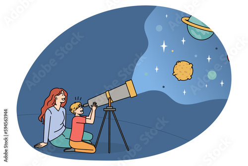 Exploring world with kids concept. Smiling happy mother sitting and Showing child interesting things in outer space looking at stars on telescope vector illustration