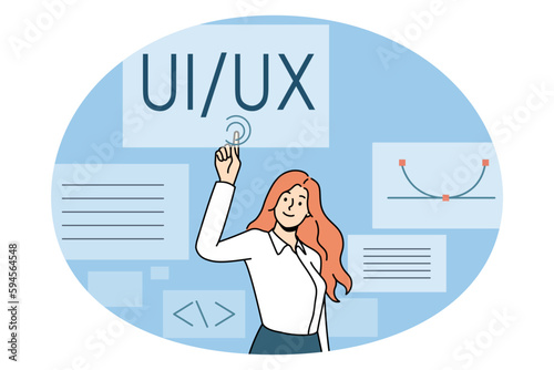 User interface and experience concept. Young woman web designer computer programmer standing and pointing at ui ux vector illustration
