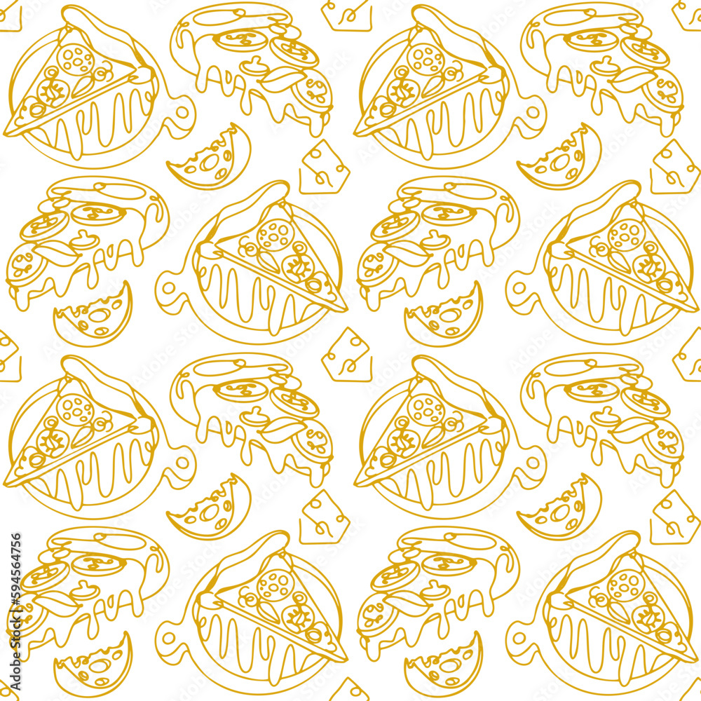 seamless pattern of melted pizza with cheese using sketchy or hand drawing style on black background