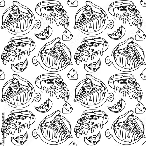seamless pattern of melted pizza with cheese using sketchy or hand drawing style on black background