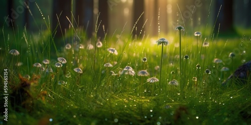 forest flour in the morning after the rain, sunny spots, colorful and beautiful flowers grow on a green grass