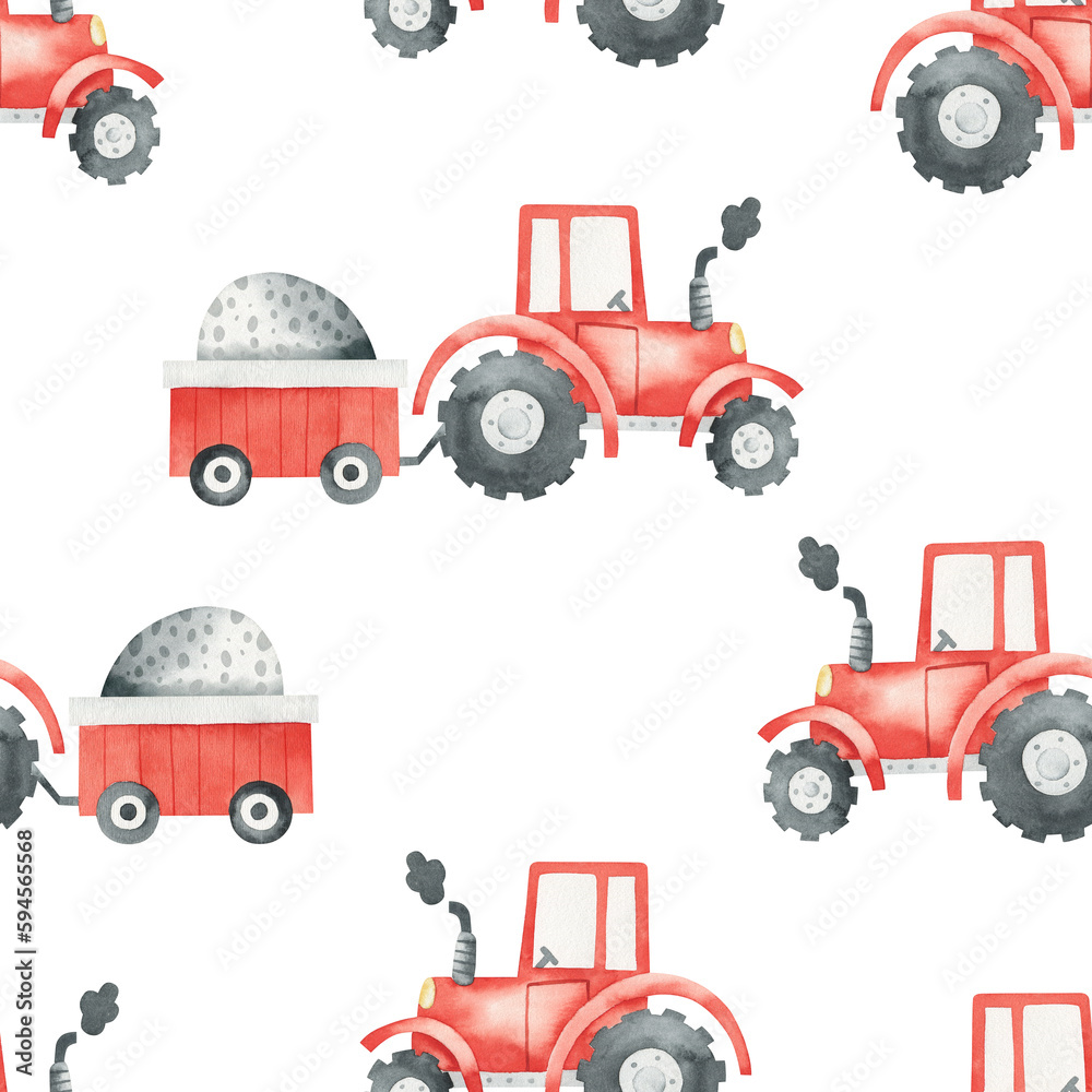 Seamless pattern with red tractors on white background. Watercolor tractors with a trailer. Print for kids with cute machines. Kids texture for fabric, wrapping, textile, wallpaper, apparel.