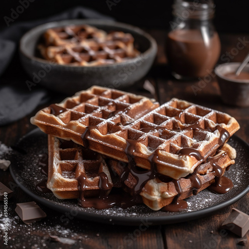 Belgian waffles with chocolate and caramel on a dark wooden background. AI generated