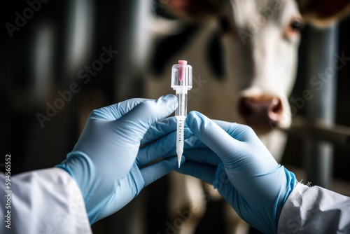 Close-up of unrecognizable animal veterinarian in latex gloves preparing syringe for vaccination of cow at farm, doctor vaccinates cows. Generative AI