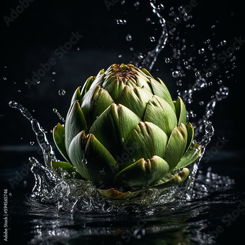 Fresh green artichoke with water splash on black background. Creative food concept. AI generated